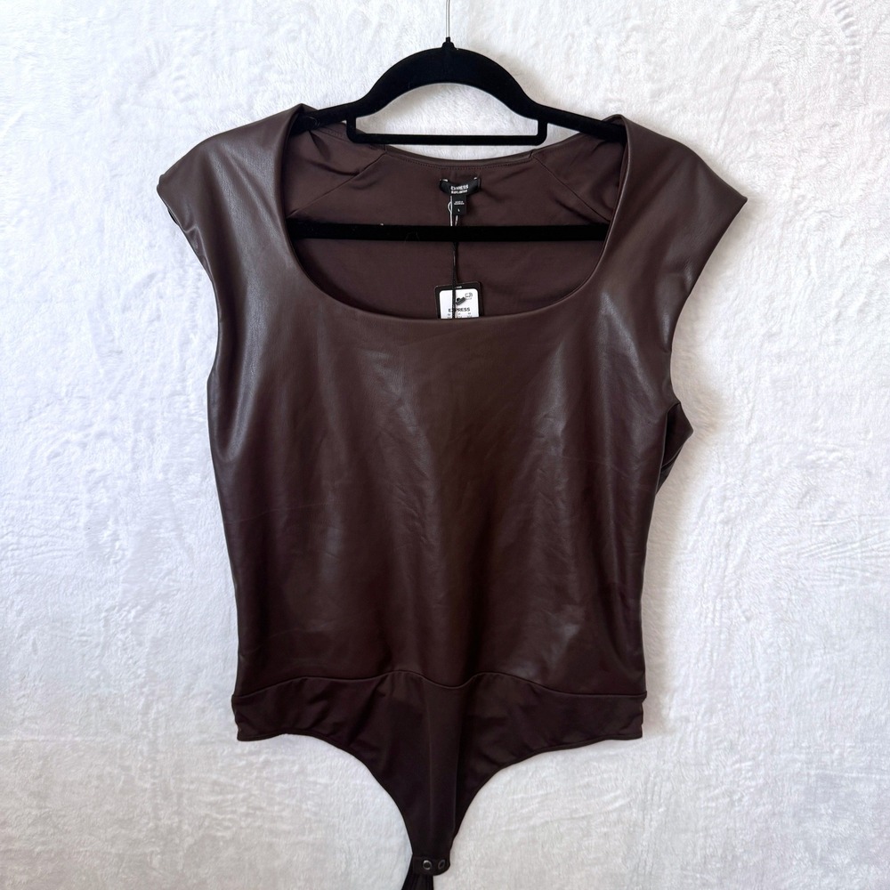 Express Bodysuit Faux Leather Body Contour Large Brown Womens